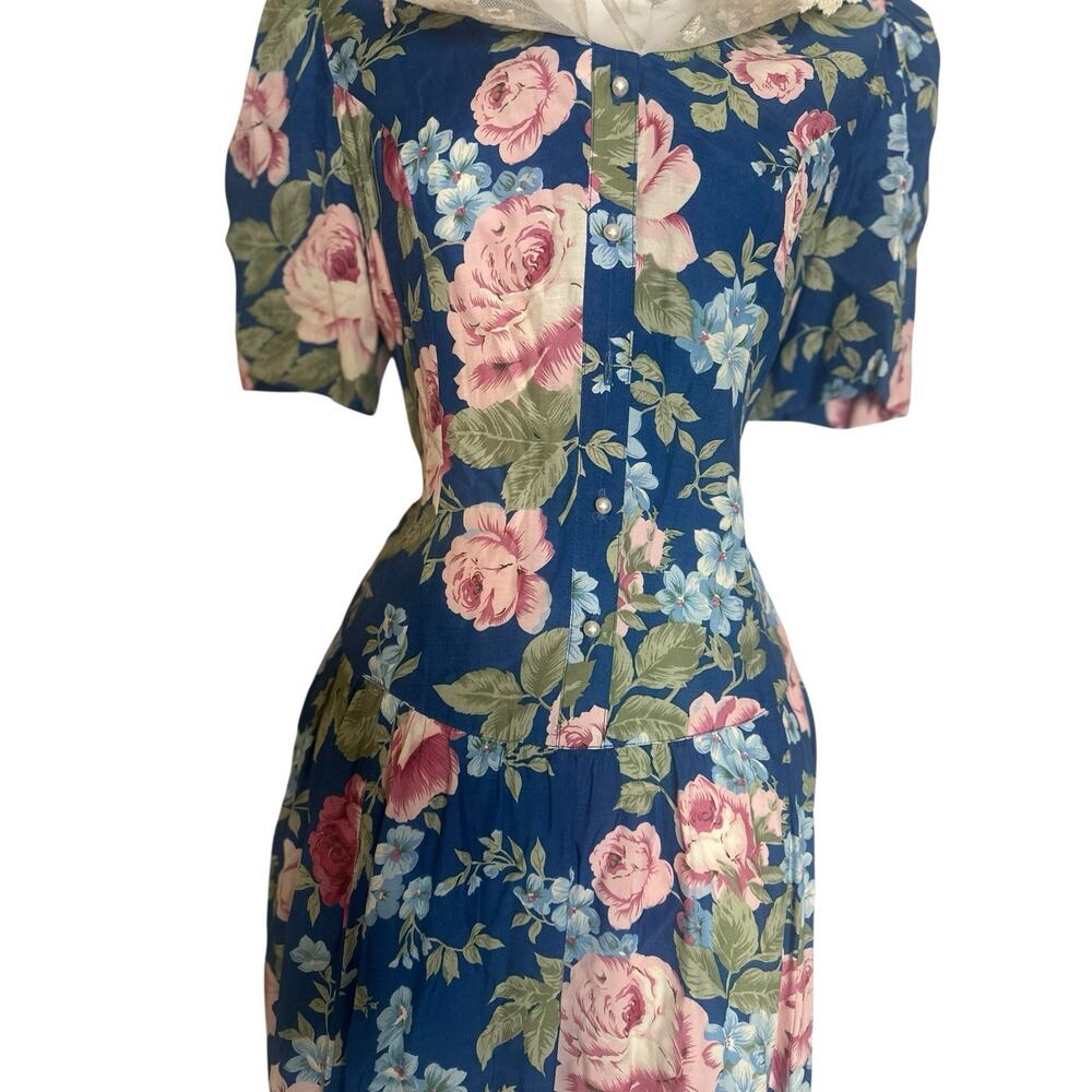 VTG 90s Karen Stevens Romantic Floral Midi Dress Lace Tie Sailor Collar Modest M - Picture 6 of 16